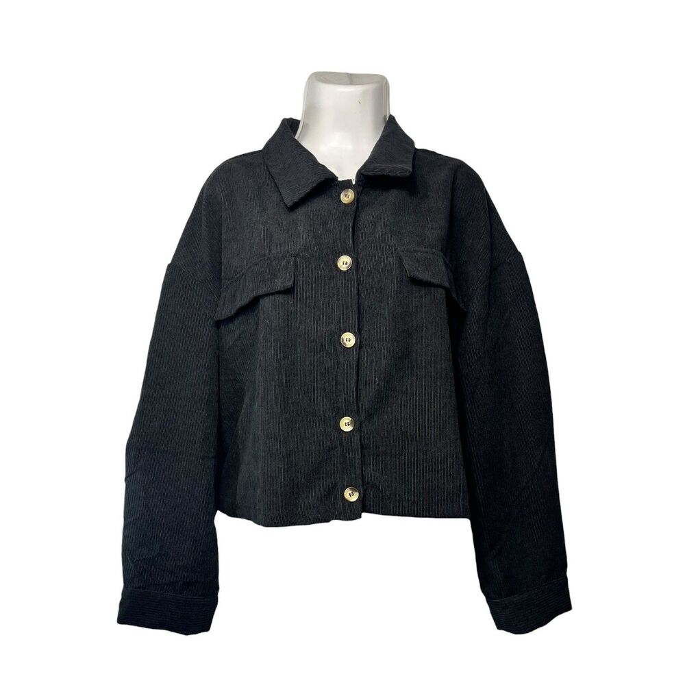 SHEIN Black Corduroy Jacket Button Front Oversized Cropped Women 2XL